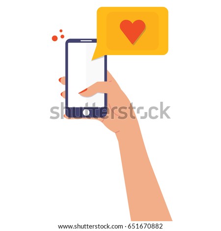 Woman hand with nail polish hold smartphone with like message, like button, thumb, finger touch screen, for banner, web site, colorful flat style vector illustration eps 10 Royalty-Free Stock Photo #651670882