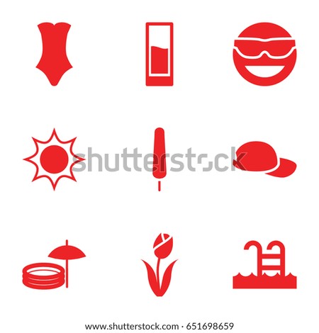 Summer icons set. set of 9 summer filled icons such as swimsuit, emot in sun glasses, ice cream on stick, drink, swimming pool, inflatable pool and umbrella, baseball cap