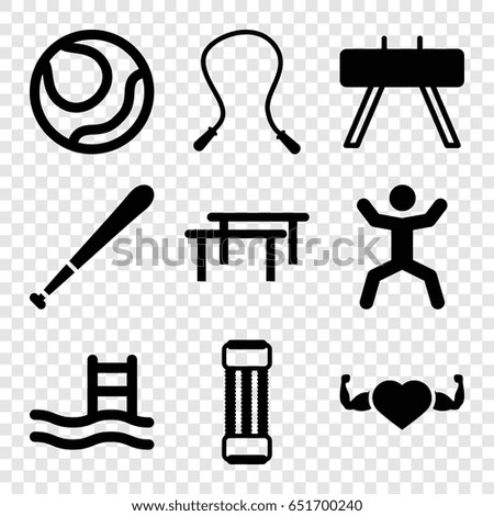 Exercise icons set. set of 9 exercise filled icons such as heart with muscles, squat, baseball bat, skipping rope, pool ladder, expander sport, volleyball, fintess equipment