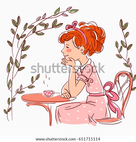 Beautiful girl drinking tea on the table. Cute child sitting on chair in garden. Tea time vector concept