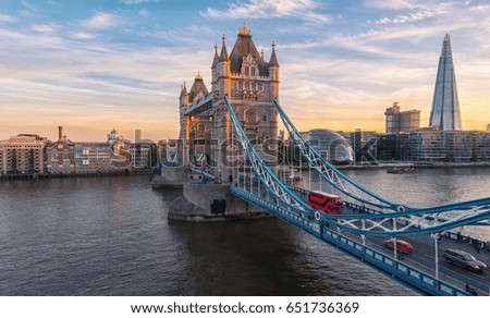 Tower Bridge in London, the UK. Sunset with beautiful clouds Royalty-Free Stock Photo #651736369