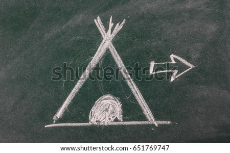 Camp sign and arrow on chalkboard, blackboard texture 
