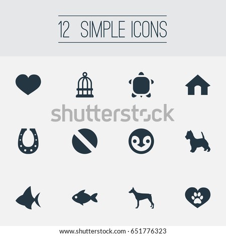 Vector Illustration Set Of Simple Wild Icons. Elements Bird Prison, Puppy, Ocean Fish And Other Synonyms Heart, Wildlife And Kennel.