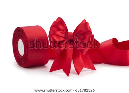 Red bow, red satin ribbon on white background