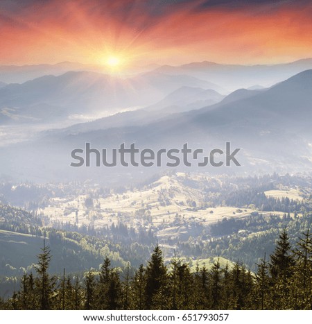 Mountain morning of Ukraine in the Carpathians transparent haze in the valleys sunrise gentle and fabulous. Farms of Ukrainian mountaineers of Hutsuly on the polonins of Verkhovyna
