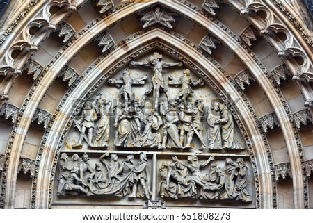 Detailed view on gothic mosaic round window of St. Vitus cathedral in Prague Castle in Prague, Czech Republic