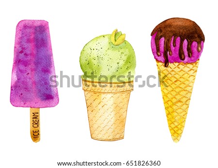 Watercolor ice cream set. Hand Drawn