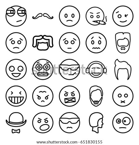 Facial icons set. set of 25 facial outline icons such as man hairstyle, mustache, hat and moustache, face, crazy emot, laughing emot, emoji