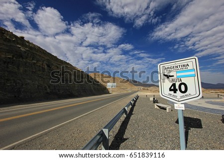 Road sign in the middle of ruta route 40, Patagonia, Argentina Royalty-Free Stock Photo #651839116