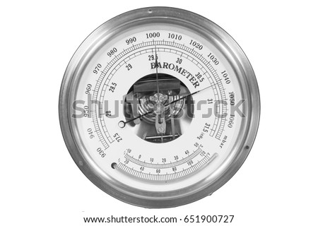 Old round barometer meter isolated over white background Royalty-Free Stock Photo #651900727