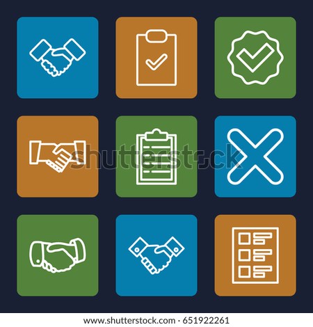Agreement icons set. set of 9 agreement outline icons such as handshake, checklist, cross