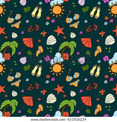 Seamless pattern with summer equipment. Hand draw vector doodle illustration