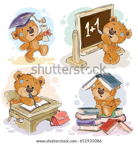 Set of clip art illustration with a teddy bear on the topic of school and university education