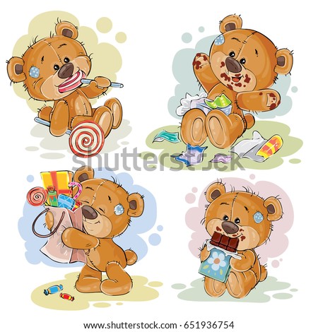 Set of clip art illustrations of teddy bear sweet tooth. Funny illustrations on the theme of love for sweets
