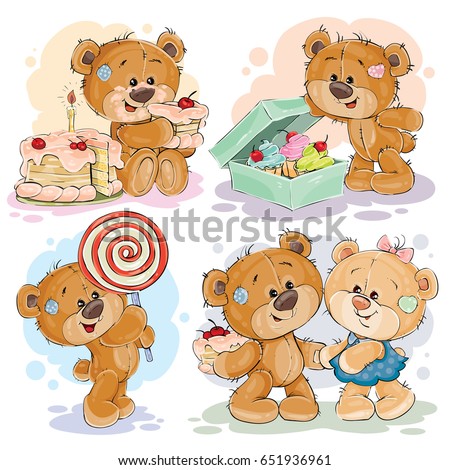 Set of clip art illustrations of teddy bear sweet tooth. Funny illustrations on the theme of love for sweets