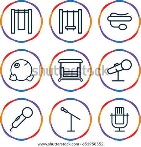 Sing icons set. set of 9 sing outline icons such as swing, pin microphone, microphone