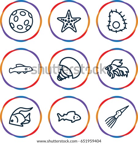 Aquatic icons set. set of 9 aquatic outline icons such as fish, starfish, extinct sea creature