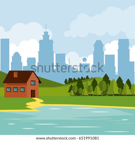 colorful background of natural landscape with country house and mountains and lake and city background