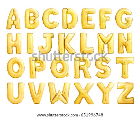 Full alphabet of golden inflatable balloons isolated on white background Royalty-Free Stock Photo #651996748