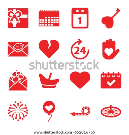 Day icons set. set of 16 day filled icons such as 24 hours, baby basket, gift, love letter, heart baloons, heart key, party pipe, fireworks, sundial, 1st day calendar
