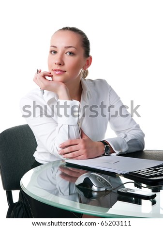 businesswoman sits at the computer. Studio shot