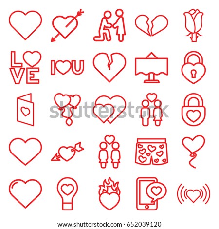 Romantic icons set. set of 25 romantic outline icons such as heart, rose, women couple, couple, phone with heart, bulb heart, love word, i love you, love card
