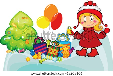Christmas tree and cartoon funny girl with gifts and balloons
