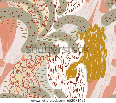 Colored with different brush strokes textures and dots.Abstract seamless pattern. Universal bright background for greeting cards, invitations. Had drawn ink and marker watercolor texture.