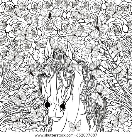 Coloring page horse in flowers and butterflies.