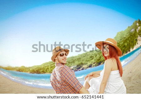 Two lovers on beach and summer photo of landscape with aberration 
