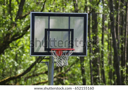 Basketball net in the background of green trees