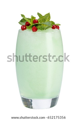 Female blue smoothies, decorated with mint and cranberries. Refreshing drink on white background. Summer cocktail. isolated.