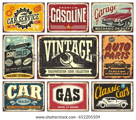 Vintage transportation signs collection for car service, auto parts, car wash, gas station, garage and classic vehicles. Vector posters illustration.