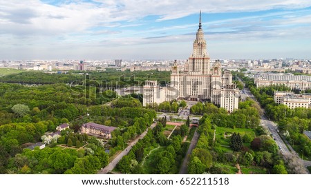 Aerial panorama of the Lomonosov Moscow State University main building. Sparrow Hills, Moscow, Russia. Aerial drone photo.