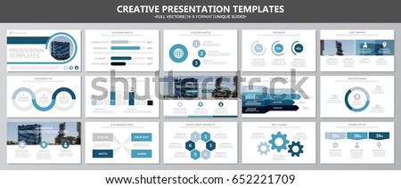 Set of blue elements for multipurpose presentation template slides with graphs and charts. Leaflet, corporate report, marketing, advertising,  book cover design. Royalty-Free Stock Photo #652221709