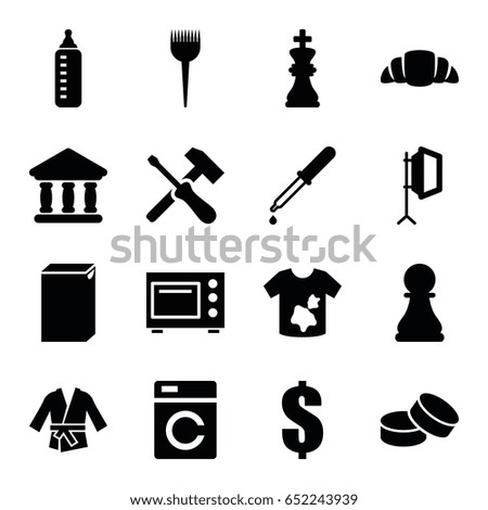 Nobody icons set. set of 16 nobody filled icons such as washing machine, baby bottle, barber brush, dirty laundry, tablet, dollar, croissant, pipette, bank, soft box