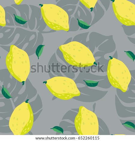 Fashion seamless vector pattern. Tropical leaf and lemons. Camouflage print. Summer fruit
