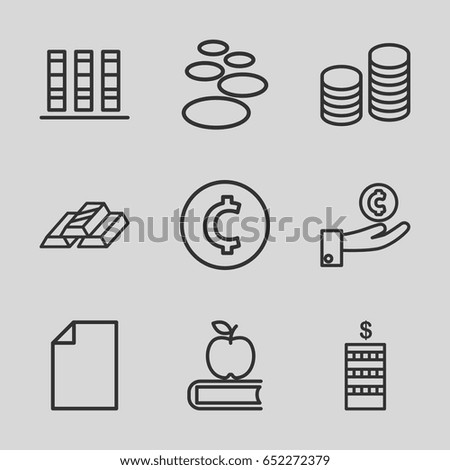 Stack icons set. set of 9 stack outline icons such as coin, coin, binder, apple on book, paper, gold bar, hand on coin