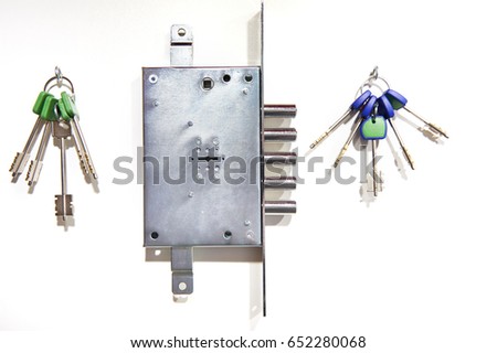 Door chubb detector lock  and keys isolated on white