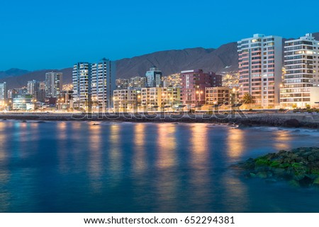 Panoramic view of the coastline of Antofagasta, know as the Pearl of the North and the biggest city in the Mining Region of northern Chile Royalty-Free Stock Photo #652294381