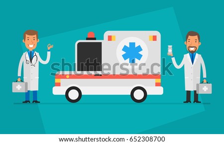 Concept Doctors Day Two Doctors and Ambulance Car. Vector Illustration. People Character.