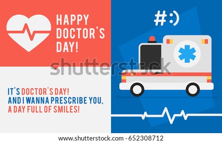 Concept Doctors Day Ambulance Car and Congratulations. Vector Illustration. Set Object.
