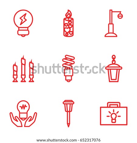 Illumination icons set. set of 9 illumination outline icons such as street lamp, candle, fluorescent lamp, bulb