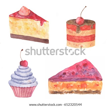 Set of watercolor cakes. Several types of pies for awesome design. 