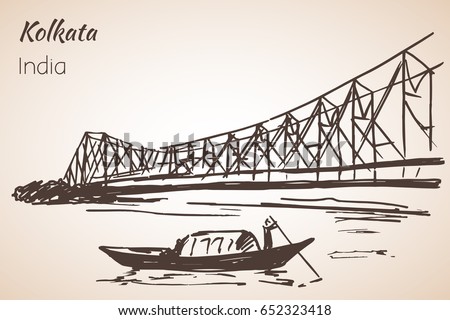 Sketch of indian city Kolkata bridge. Isolated on white background Royalty-Free Stock Photo #652323418