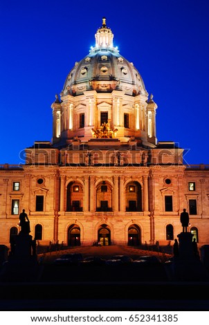 the Minnesota State Capitol, glows in the twilight 