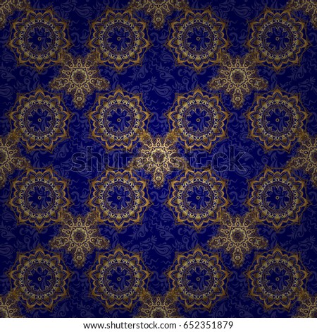 Gold decorations. Luxury golden seamless pattern with stars. Star pattern on a blue backdrop, golden vintage ornament. Vector seamless background.
