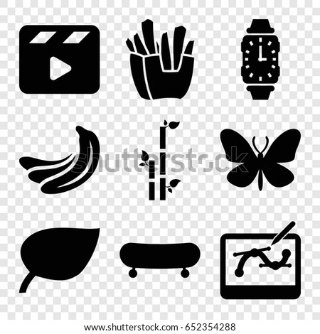 Art icons set. set of 9 art filled icons such as banana, butterfly, bamboo, french fries, movie clapper, pen tool on tablet, wrist watch, skate