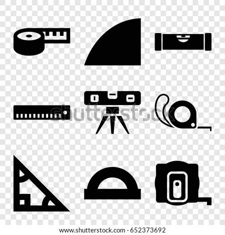 Ruler icons set. set of 9 ruler filled icons such as measure tape, tape, angle, protractor, triangle
