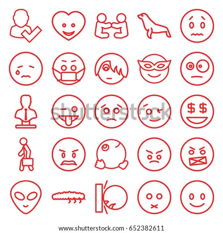 Character icons set. set of 25 character outline icons such as seal, bust, caterpillar, heart face, man with case, smiling emot, wink emot, emoji in mask, emoji showing tongue